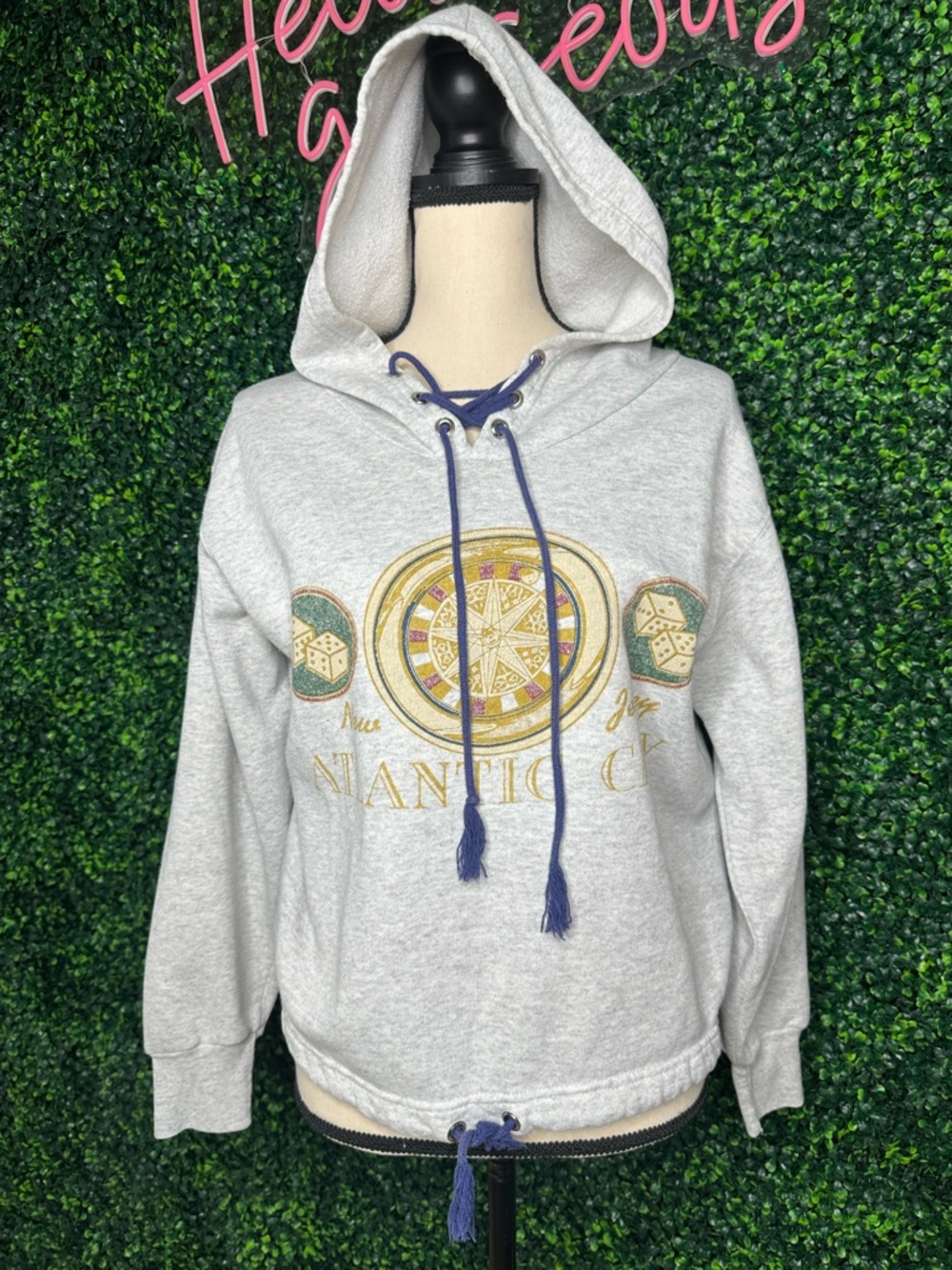 Vtg Atlantic City Hoodie L Cropped Lace Up USA Made Medallion Graphic Sweatshirt